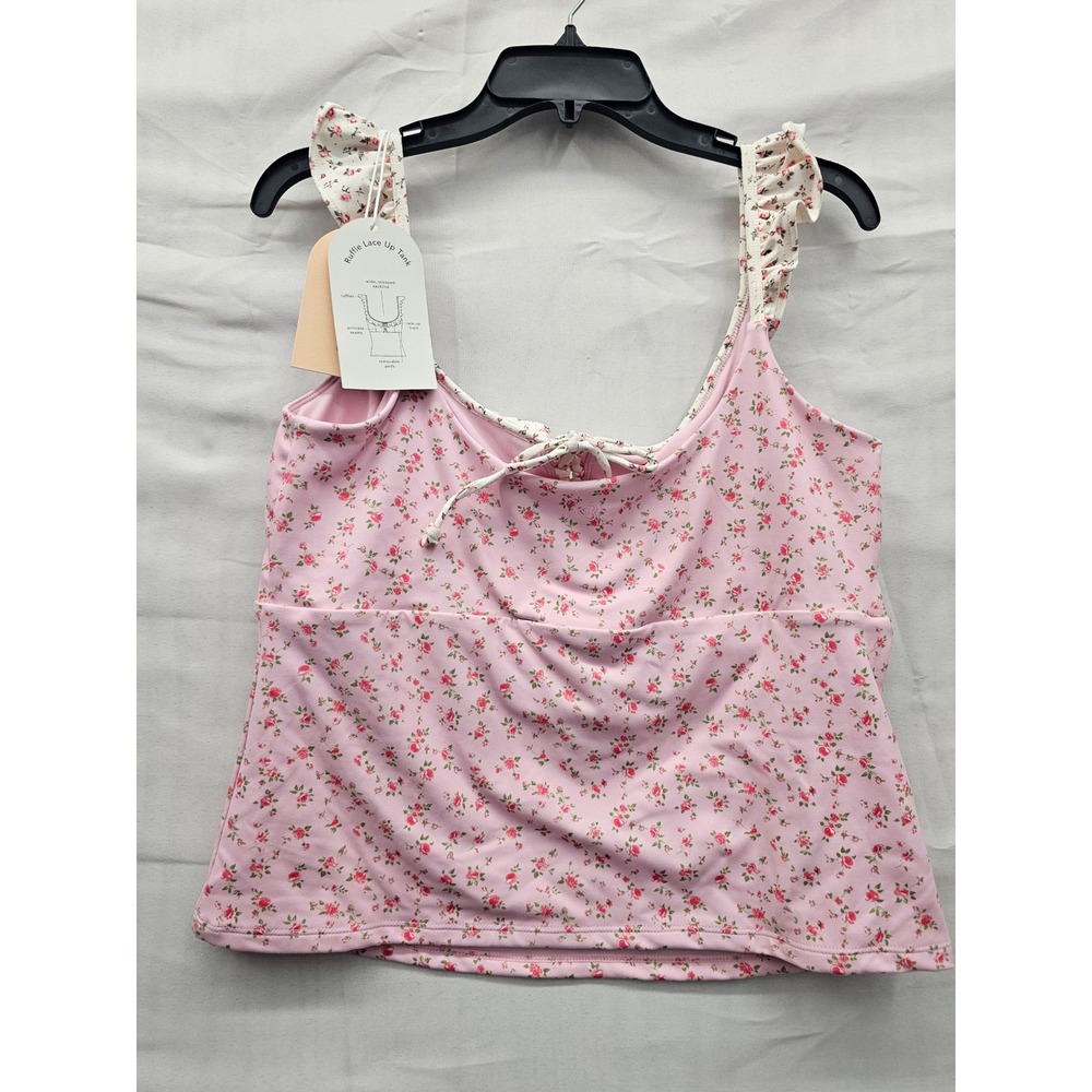 Blogilates Womens Ruffle Lace Up Tank Pink Floral Poly Blend XL - Picture 2 of 5